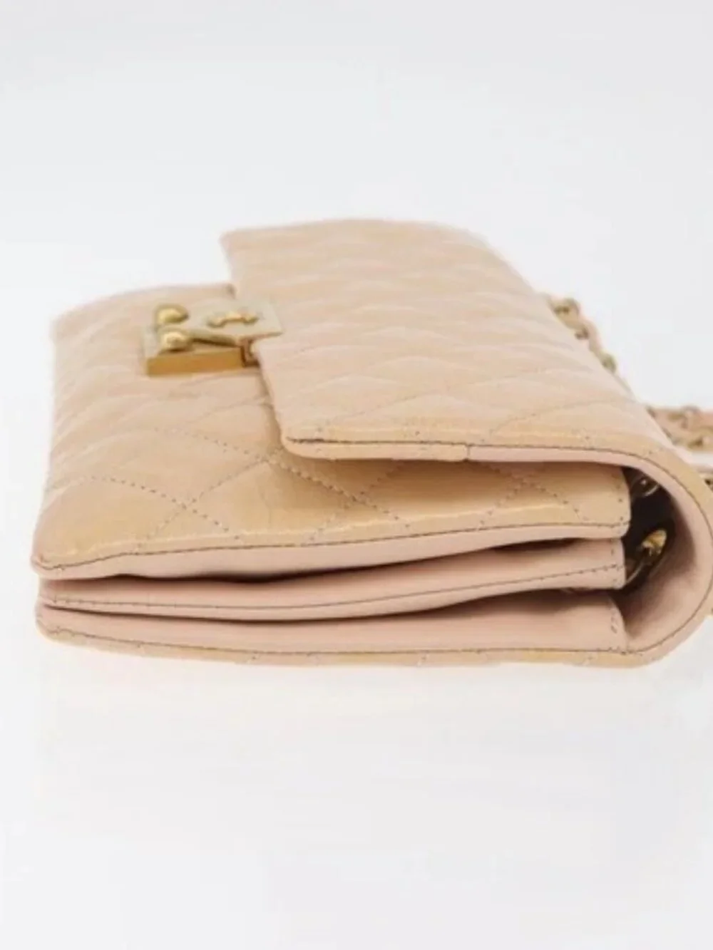 CHANEL Matelasse Chain Shoulder Bag Patent leather Beige Gold CC Auth 179868A